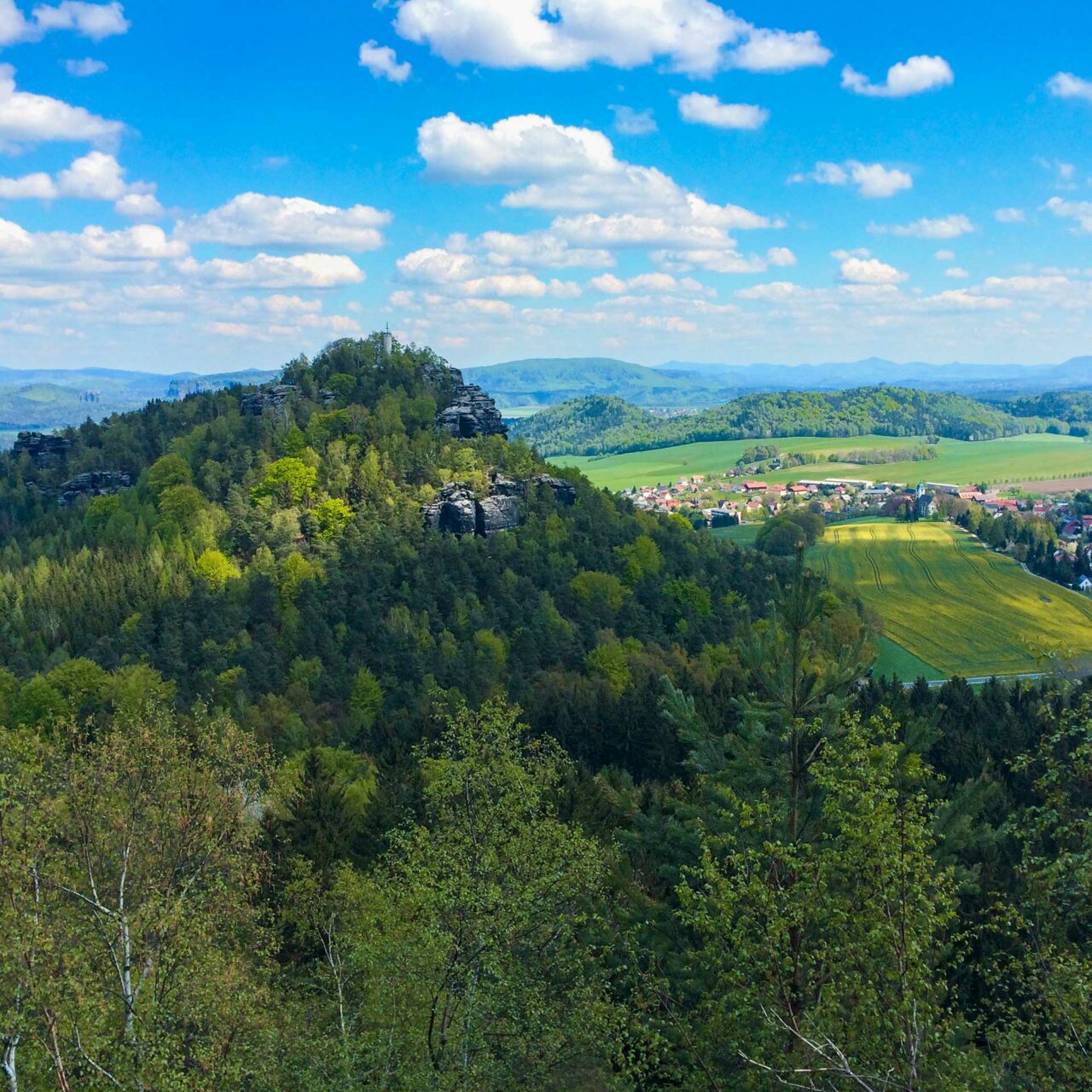 Vom Gohrisch aus ein erster Blick auf den Papststein. Der Aussichtsturm darauf ist leider gesperrt. So baufällig wie der ausschaut, will man da aber auch nicht wirklich rauf.